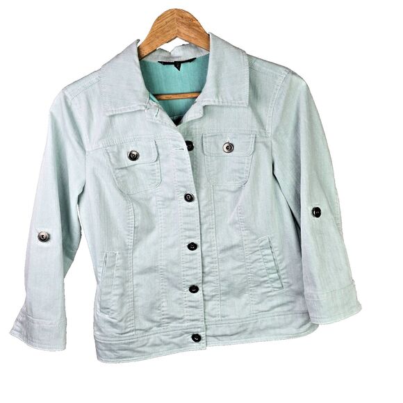 Baccini  Jean Jacket Women PS Green Buttons Pockets Roll Tab Sleeve Stretch - Picture 1 of 12